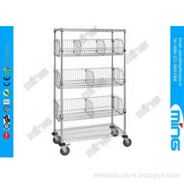 Powder Coated Mobile Wire Basket Shelving / Adjustable Wire
